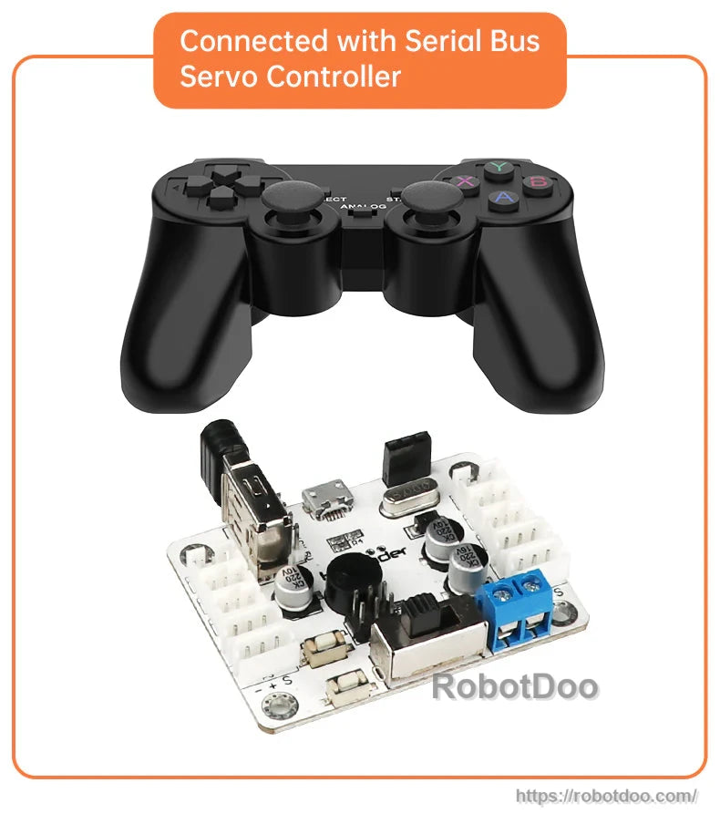PS2 wireless gamepad paired with Hiwonder Serial Bus Servo Controller board for robot control integration
