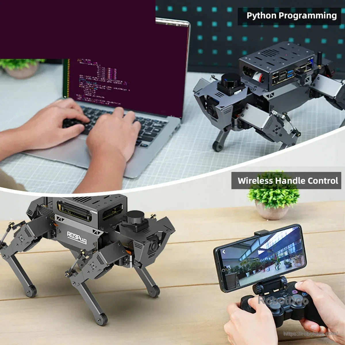 ROSPug robot shown with Python programming and wireless gamepad control examples