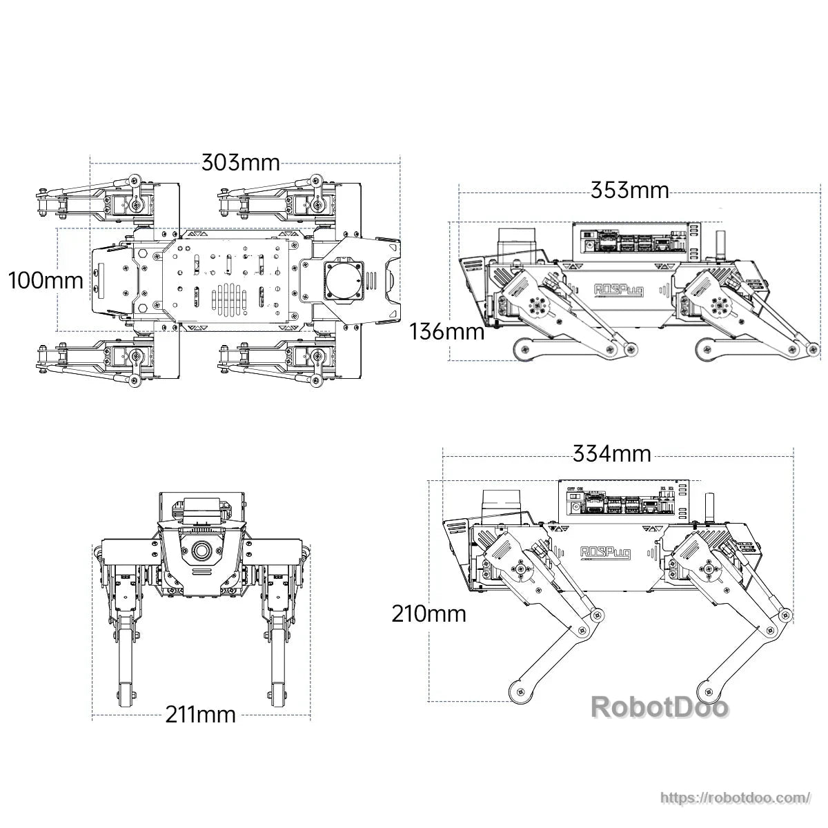 ROSPug quadruped robot dimensional drawing with top, front, side, and standing-view measurements