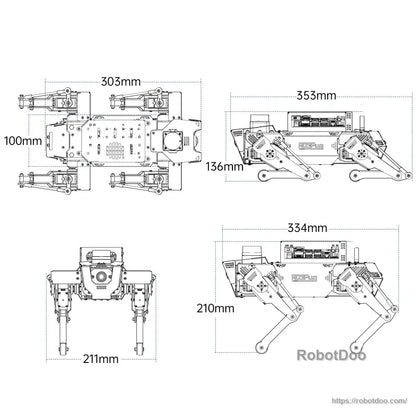 ROSPug quadruped robot dimensional drawing with top, front, side, and standing-view measurements