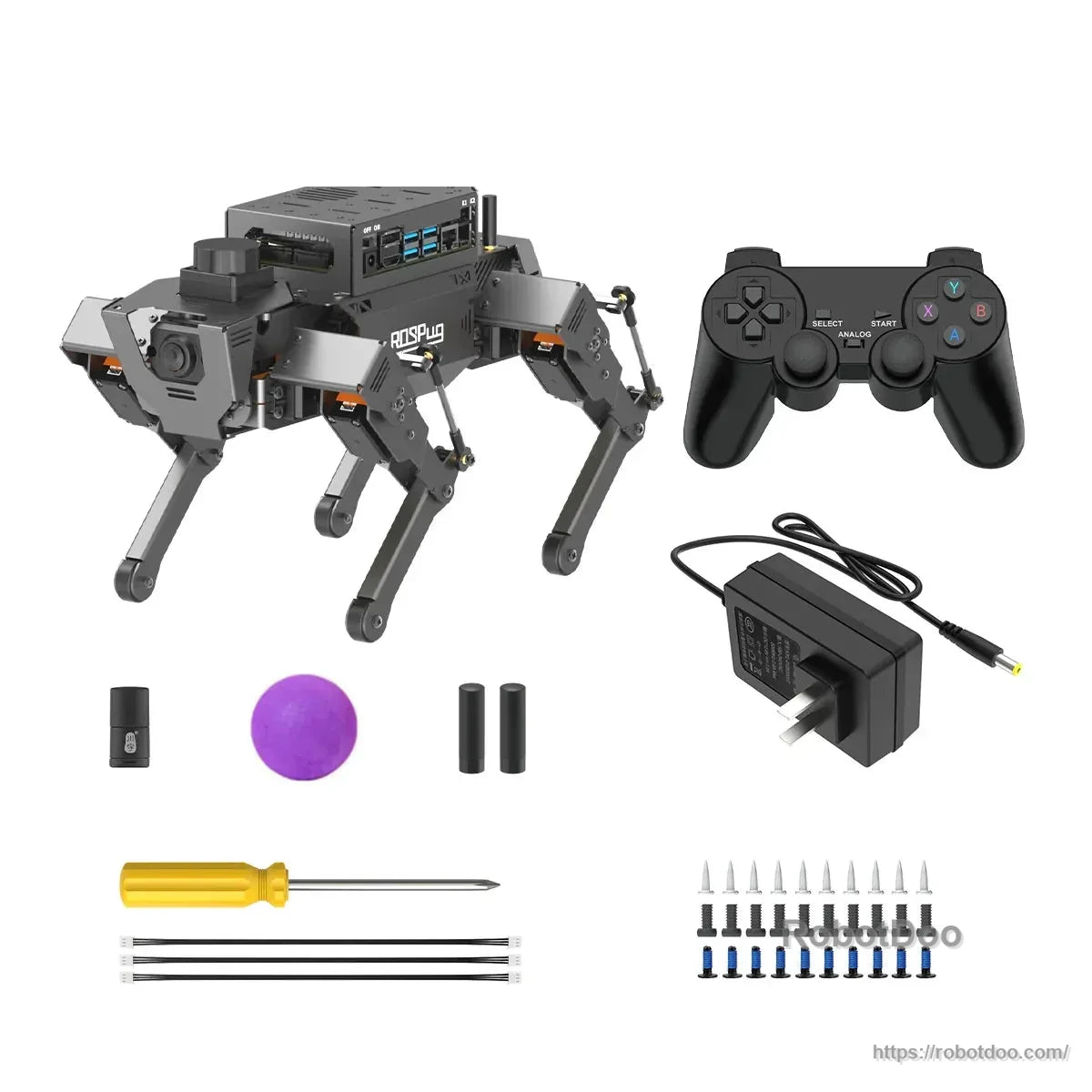 ROSPug robot package contents with wireless controller, power adapter, tools, ball, and hardware