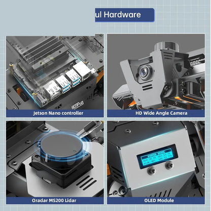 ROSPug hardware close-ups showing Jetson Nano controller, HD camera, MS200 lidar, and OLED module