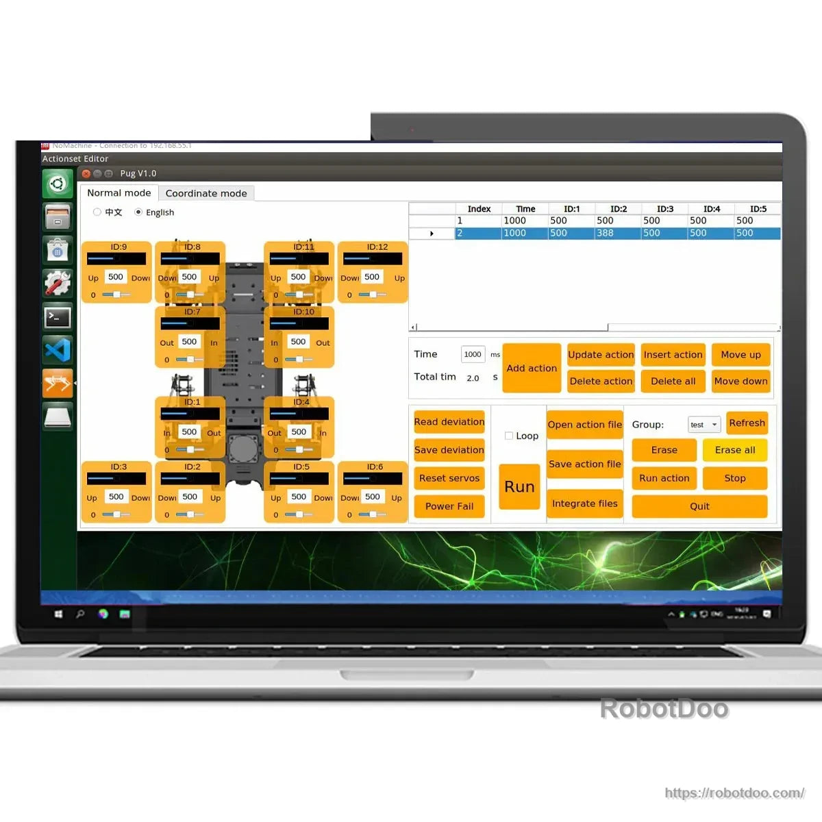 Laptop display showing the robot action-group programming interface and motion sequence controls