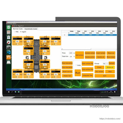 Laptop display showing the robot action-group programming interface and motion sequence controls