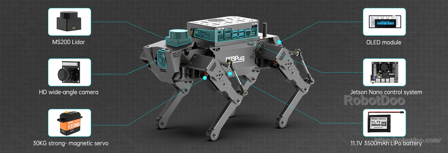Hiwonder ROSPug 12DOF quadruped robot with LiDAR, HD wide-angle camera, Jetson Nano and OLED module