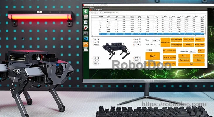 ROSPug robot beside PC software for servo control, action editing and motion programming