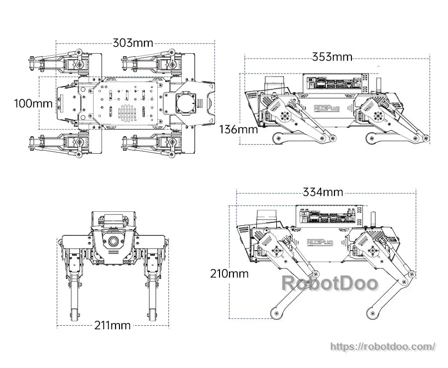 Hiwonder ROSPug 12DOF quadruped bionic robot dimension drawing with 353 mm length and 210 mm height