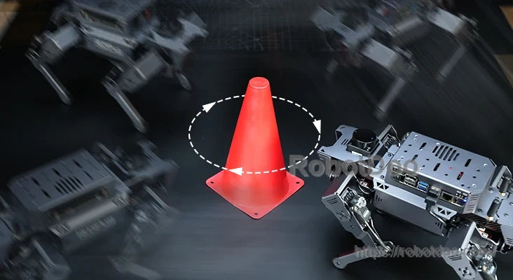 ROSPug quadruped robot navigating around an orange traffic cone during obstacle avoidance
