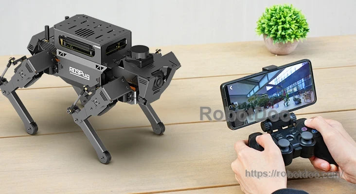 ROSPug robot controlled with handheld controller and smartphone displaying live camera view