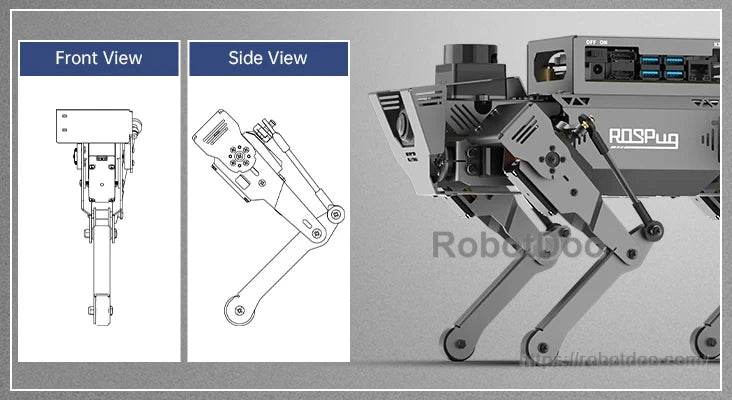 ROSPug aluminum leg assembly with front and side mechanical structure views