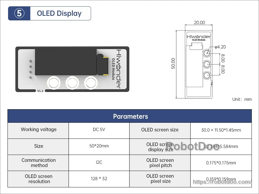 Hiwonder OLED display module with I2C interface, three buttons, 128×32 screen and compact 50×20 mm board