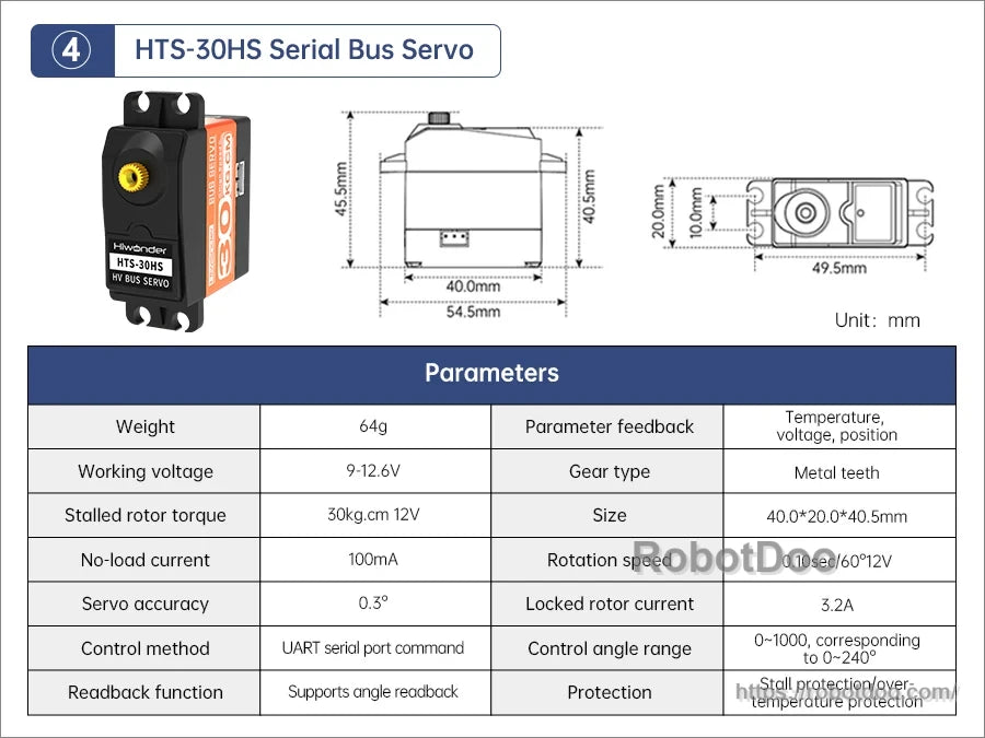 Hiwonder HTS-30HS serial bus servo with UART control, 30 kg·cm torque rating and dimensional drawing