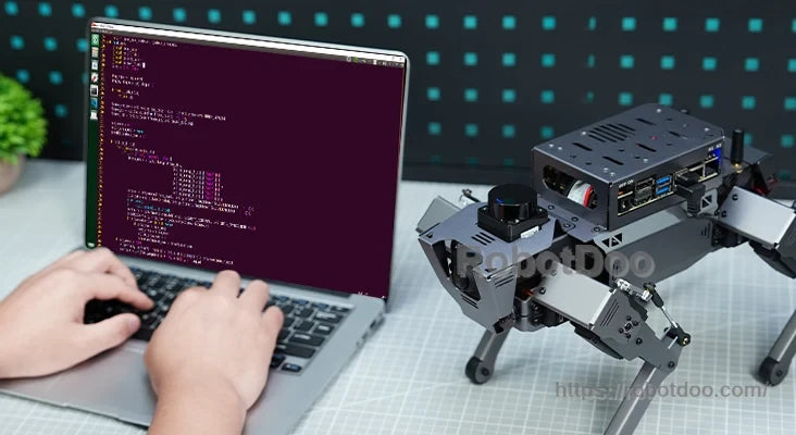 Hiwonder ROSPug 12DOF Quadruped Bionic Robot connected to laptop for Python programming