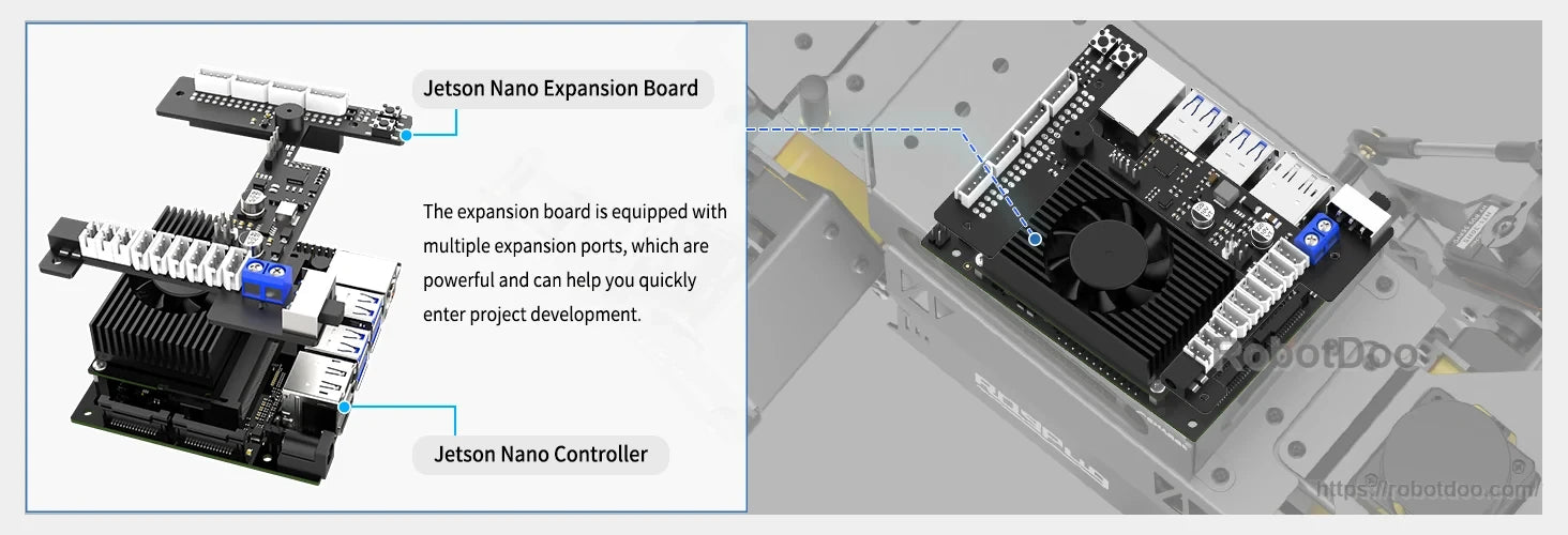 Jetson Nano expansion board and controller mounted in the ROSPug robot chassis