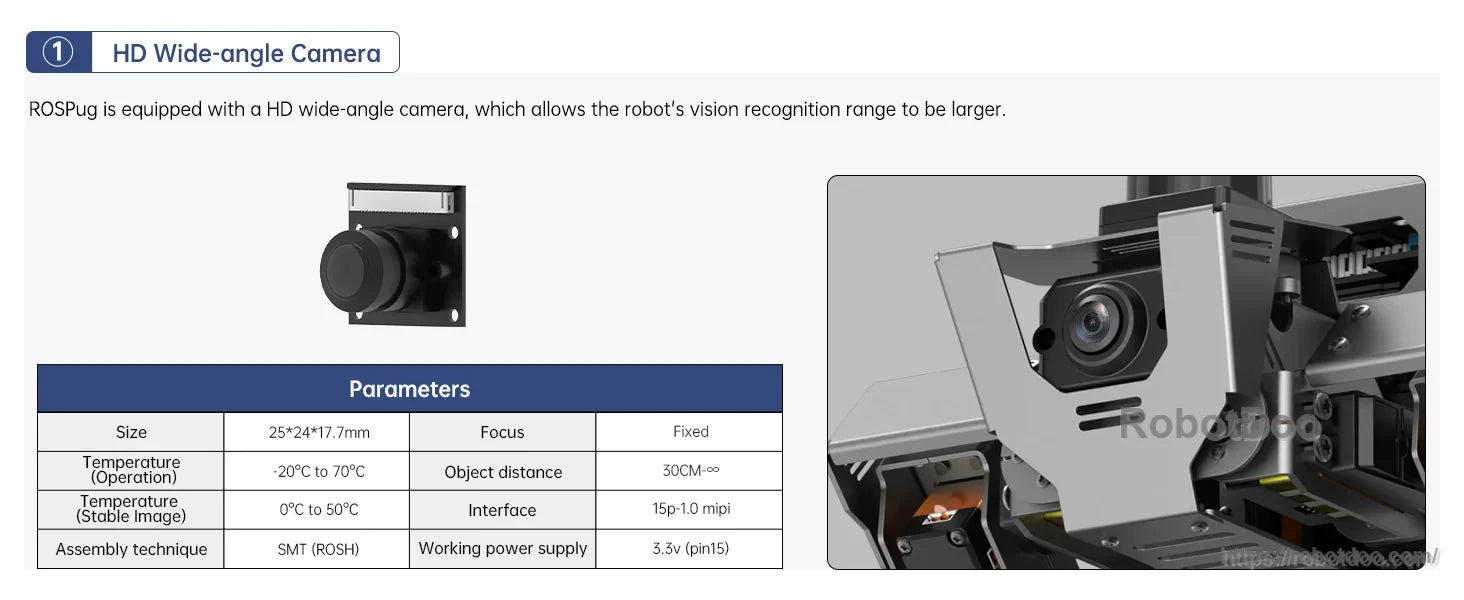 Hiwonder ROSPug quadruped robot with HD wide-angle camera module and readable camera parameter table