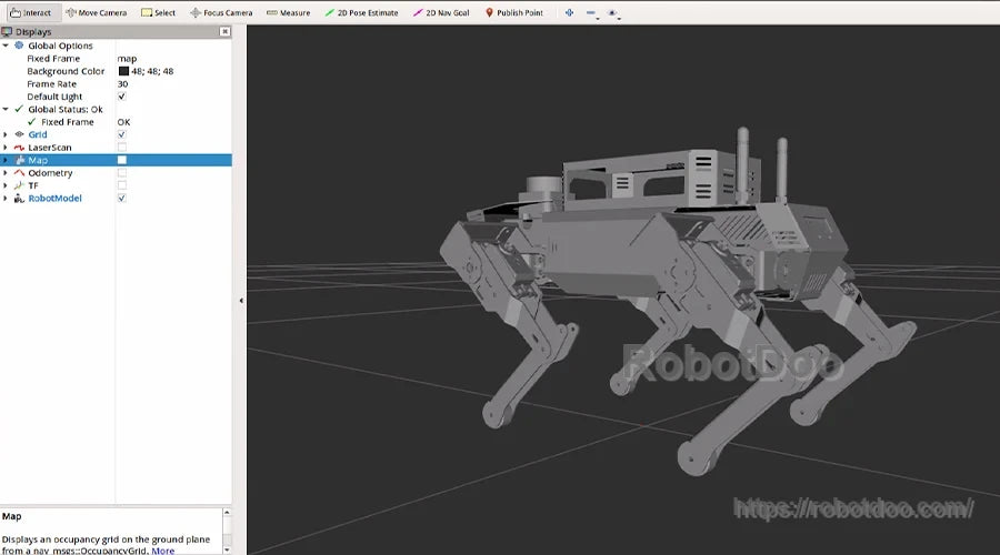 Simulation software interface displaying a 12DOF quadruped bionic robot model with articulated legs and body-mounted antenna
