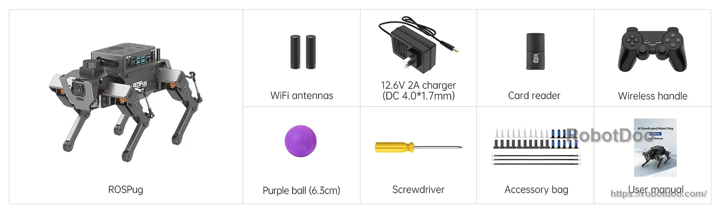 Hiwonder ROSPug 12DOF quadruped robot kit with WiFi antennas, wireless controller, charger and accessories