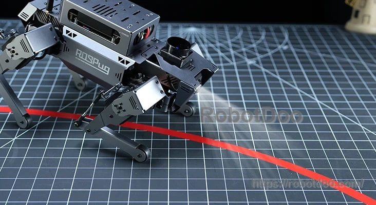 ROSPug quadruped robot following a red line for machine-vision line-tracking development