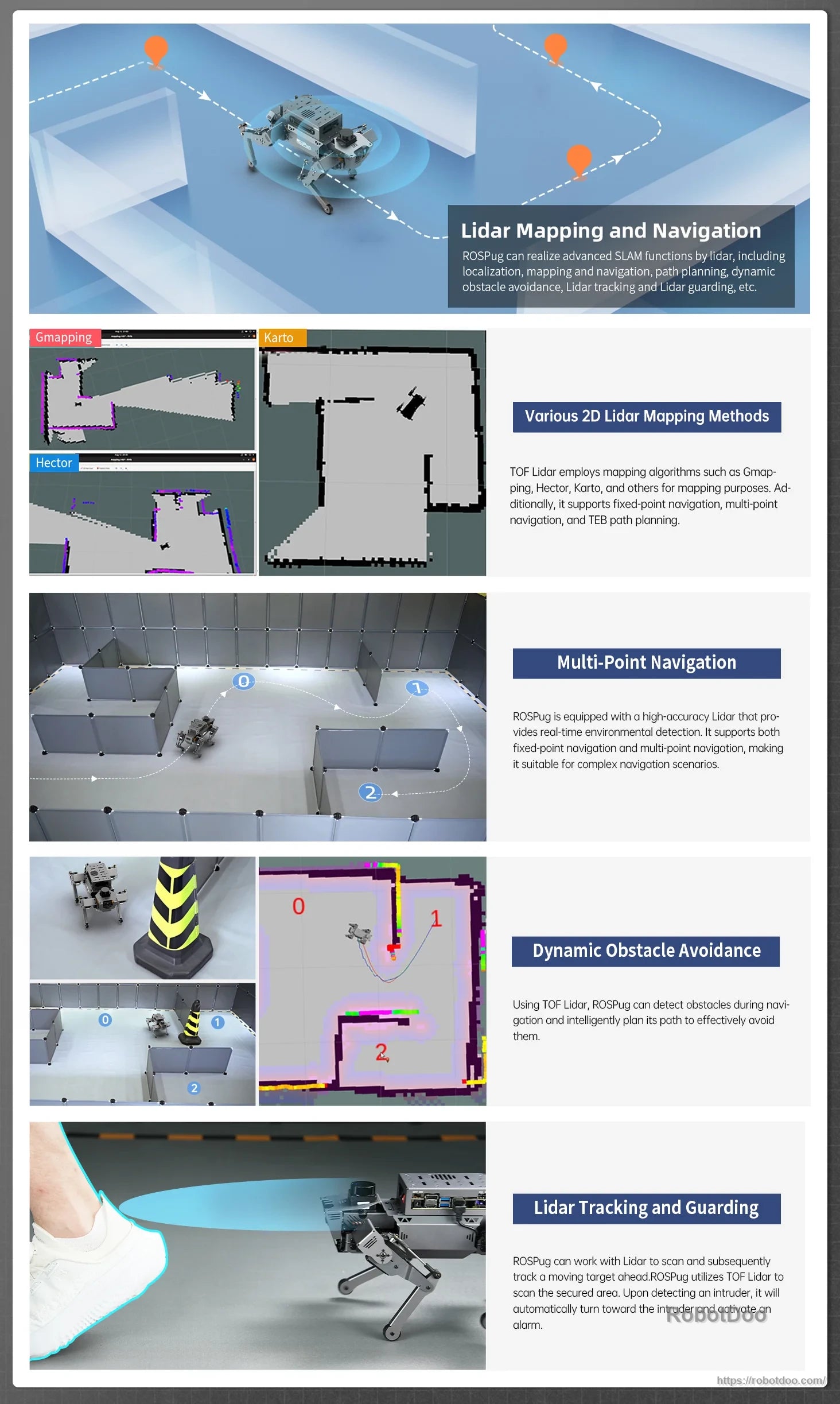Hiwonder ROSPug 12DOF quadruped robot with LiDAR mapping, point navigation, obstacle avoidance, and tracking modes