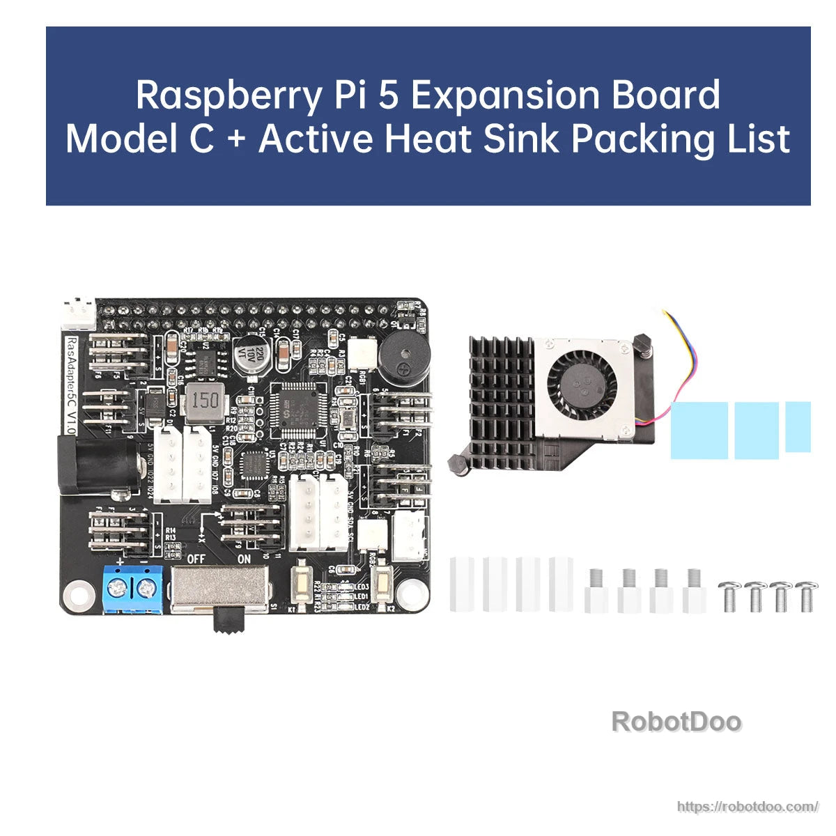 Raspberry Pi 5 expansion board model C with small fan heatsink kit, mounting hardware and thermal pads