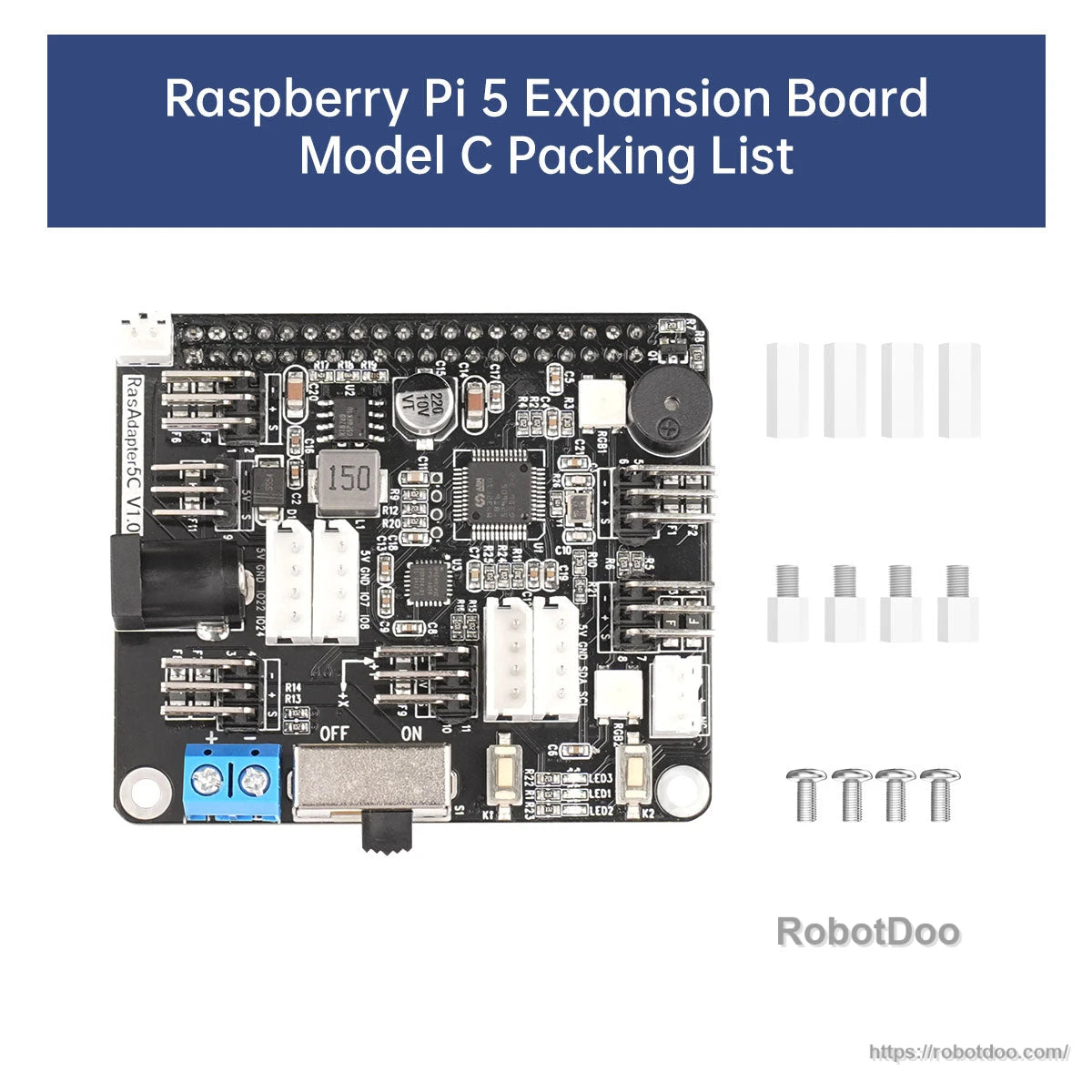 Model C packing list showing expansion board plus included pin headers, standoffs and mounting screws