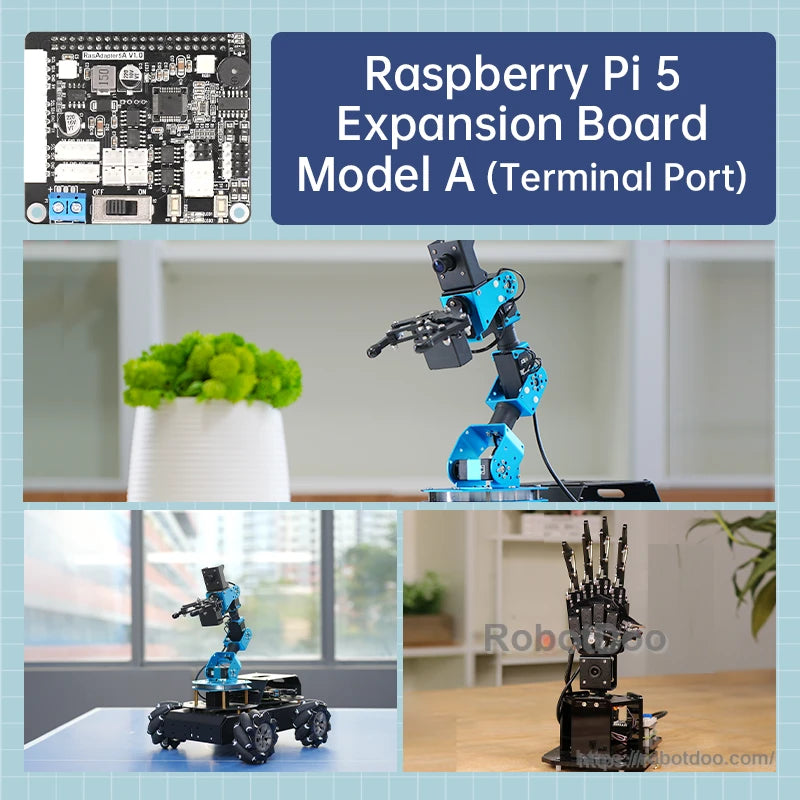 Model A (terminal port) application collage showing desktop robotic arm, robot car platform and hand setup