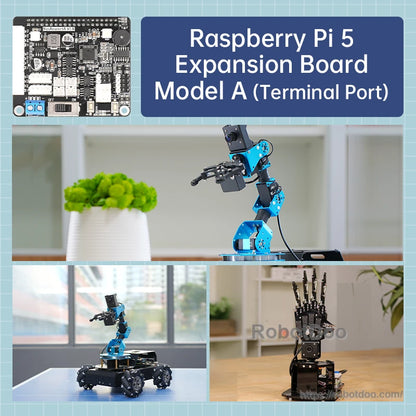 Model A (terminal port) application collage showing desktop robotic arm, robot car platform and hand setup