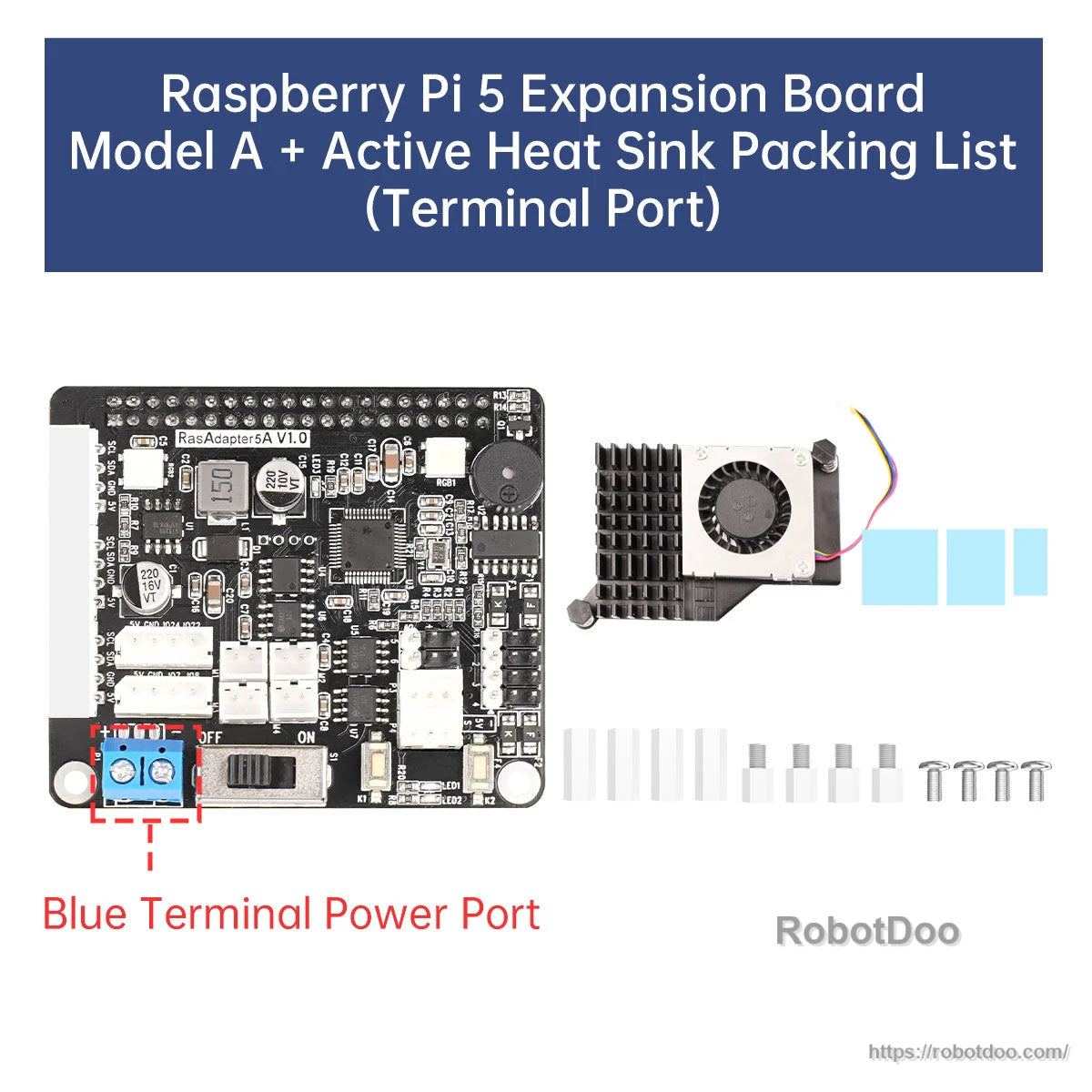 Raspberry Pi 5 expansion board with blue terminal power port and included active heatsink fan kit