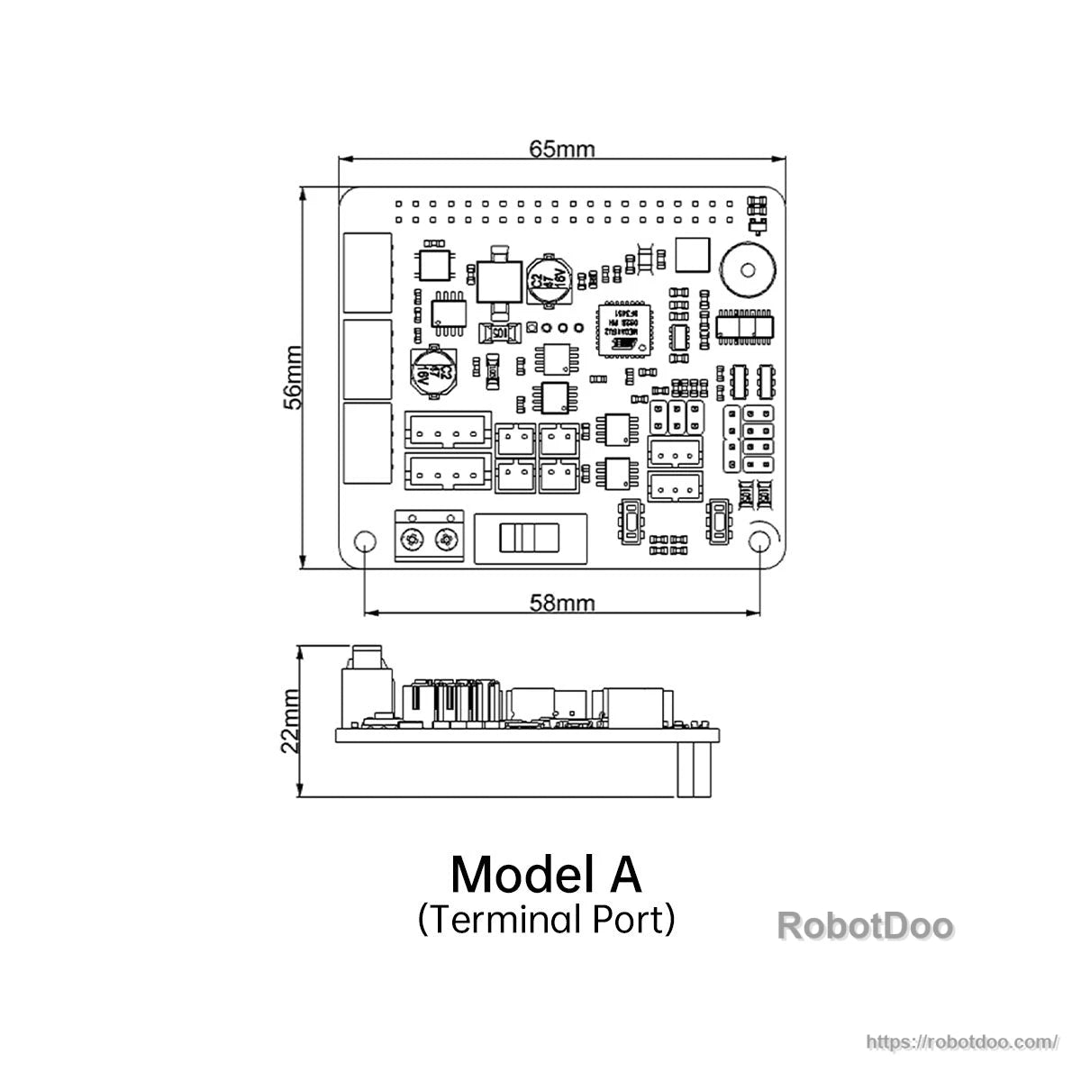 Model A (terminal port) dimension drawing showing 65×56 mm board and 22 mm height profile