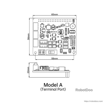 Model A (terminal port) dimension drawing showing 65×56 mm board and 22 mm height profile