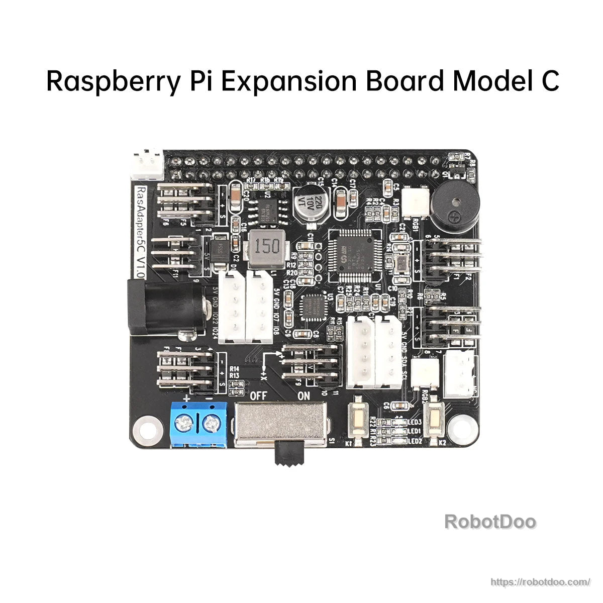 Raspberry Pi expansion board Model C for Pi 5, top view showing multi-port layout and buzzer