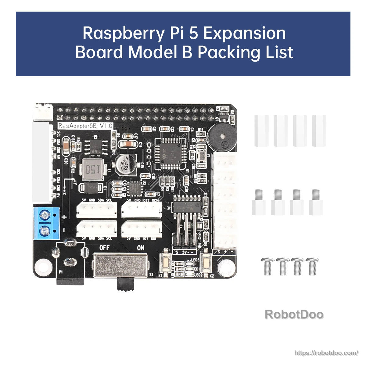 Model B packing list showing expansion board plus included pin headers, standoffs and mounting screws