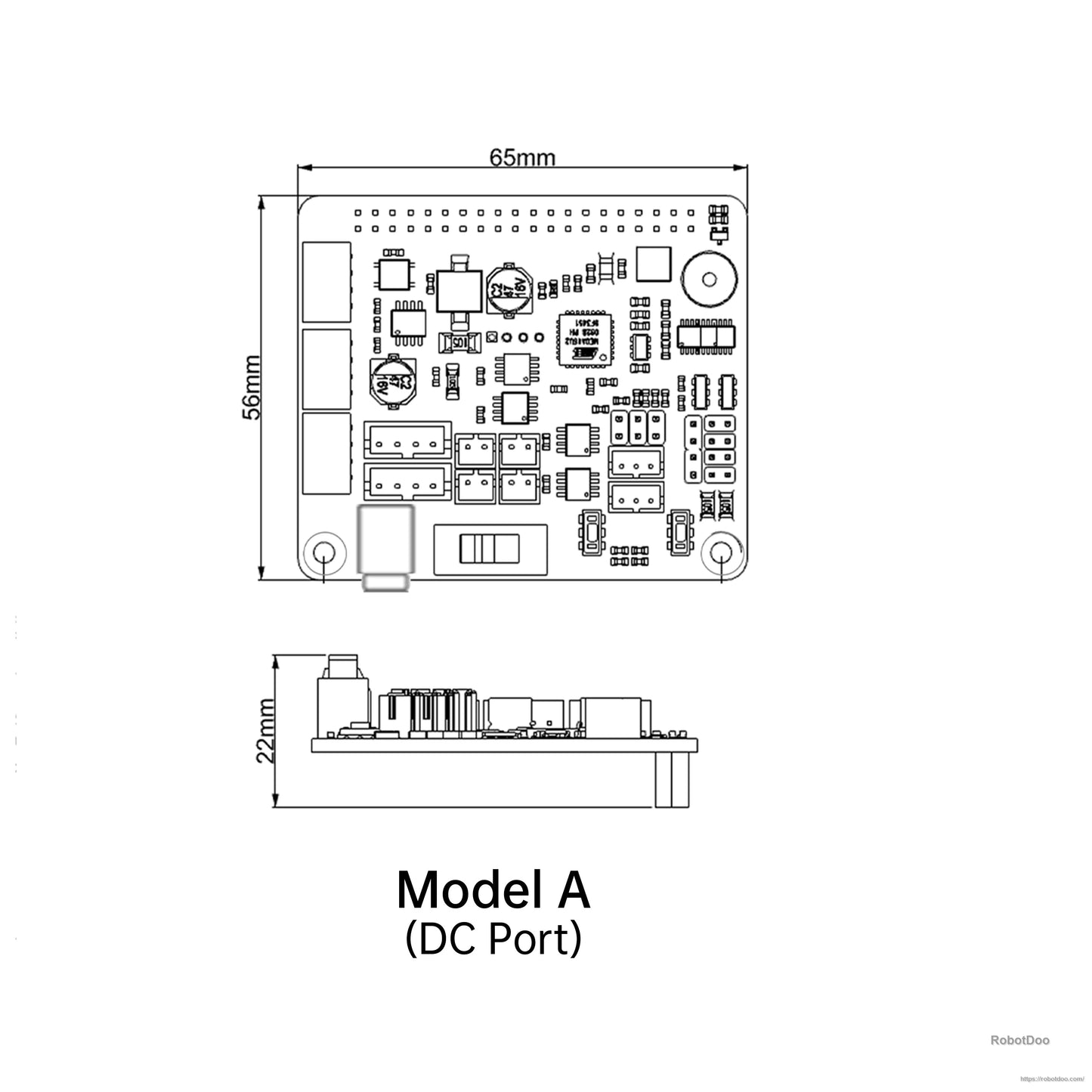 Model A (DC port) mechanical drawing with dimensions 65×56 mm and 22 mm height profile