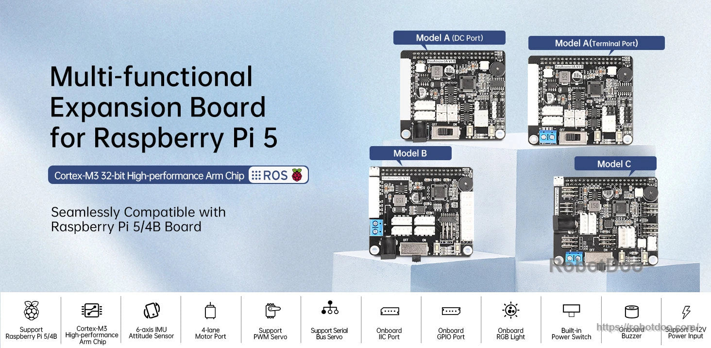 Hiwonder Raspberry Pi 5 expansion board lineup (Models A DC/Terminal, B, C) servo motor driver for robot cars