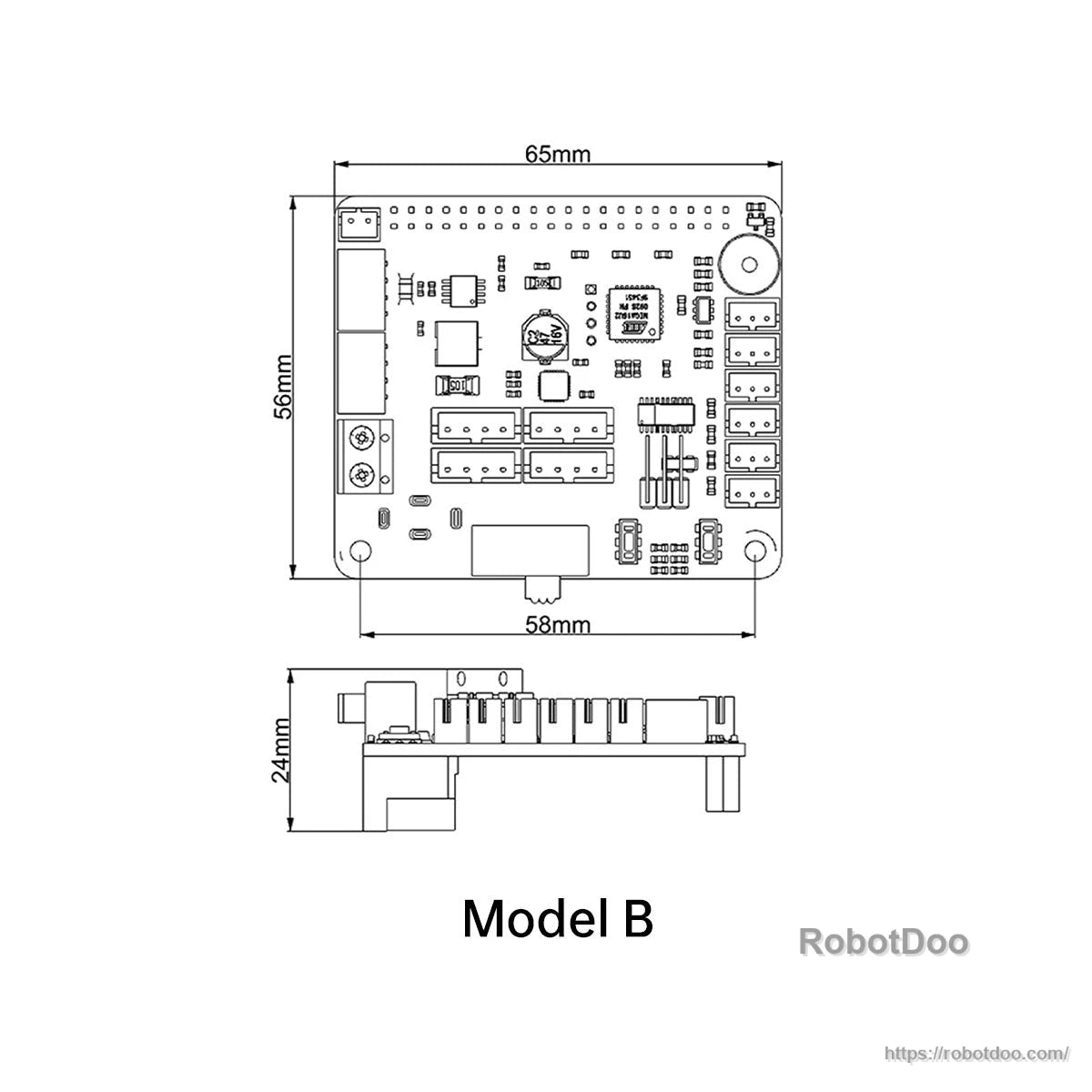 Model B dimension drawing with 65×56 mm footprint, 58 mm width mark, and 24 mm height profile
