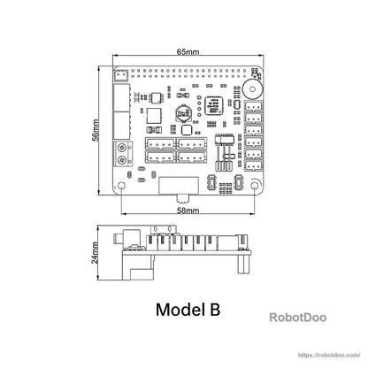 Model B dimension drawing with 65×56 mm footprint, 58 mm width mark, and 24 mm height profile