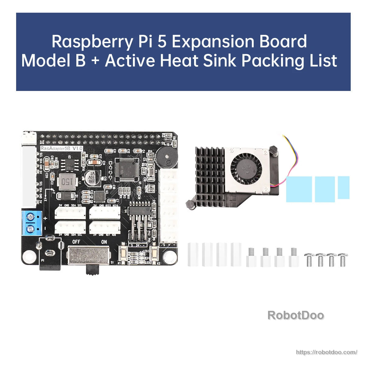 Raspberry Pi 5 expansion board Model B kit with active heatsink fan, connector-rich driver board and mounting hardware