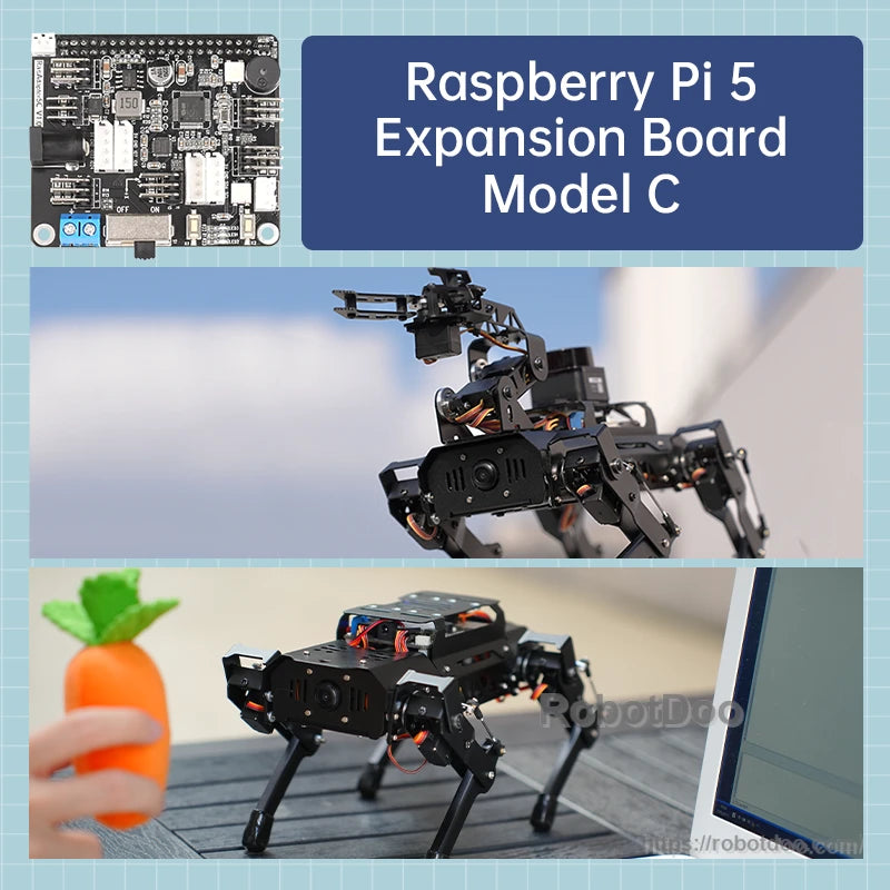 Model C application collage showing quadruped robot in action and computer-connected setup