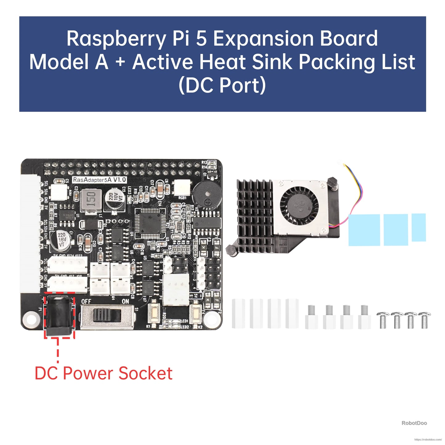 Raspberry Pi 5 expansion board with DC power socket, plus active heatsink fan and mounting hardware set