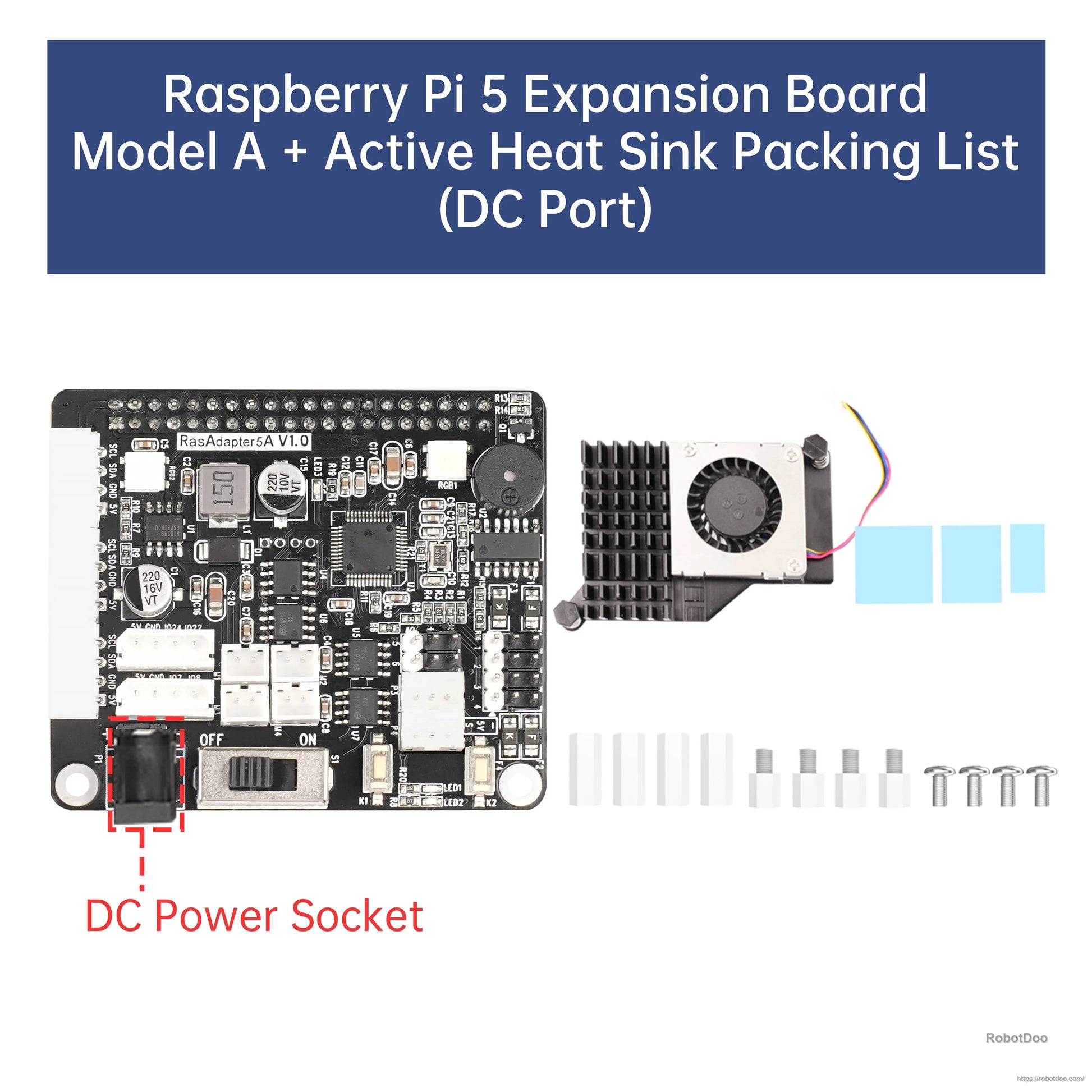 Raspberry Pi 5 expansion board with DC power socket, plus active heatsink fan and mounting hardware set