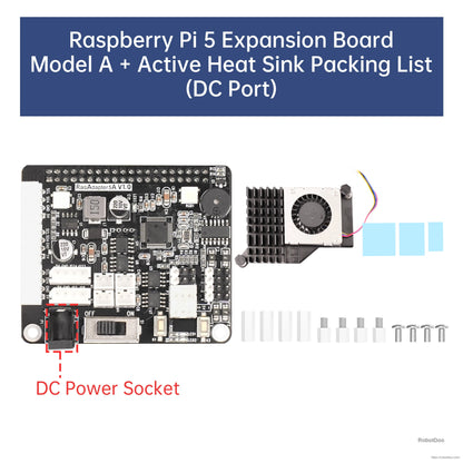 Raspberry Pi 5 expansion board with DC power socket, plus active heatsink fan and mounting hardware set