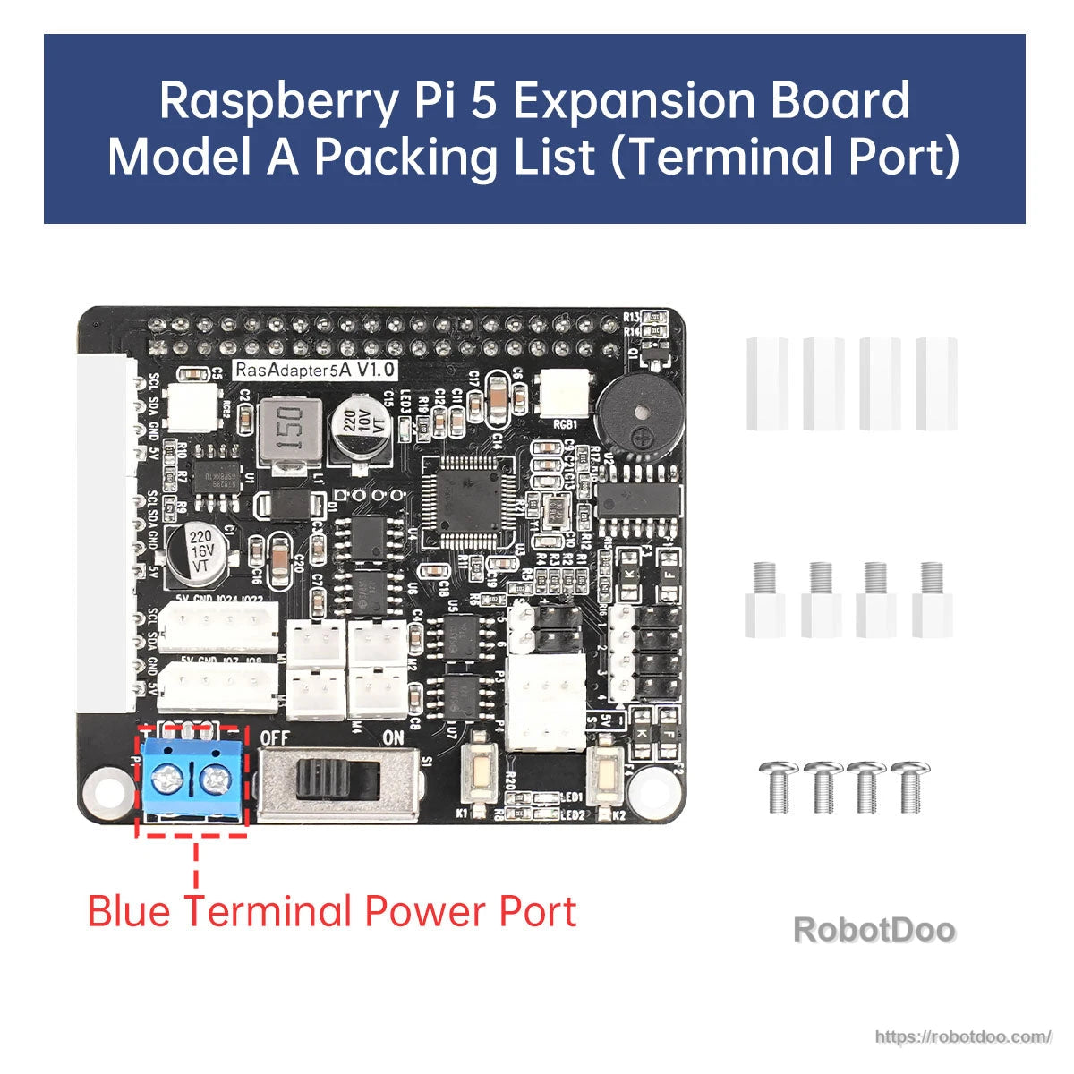 Model A (terminal port) packing list with expansion board, pin headers, standoffs and mounting screws