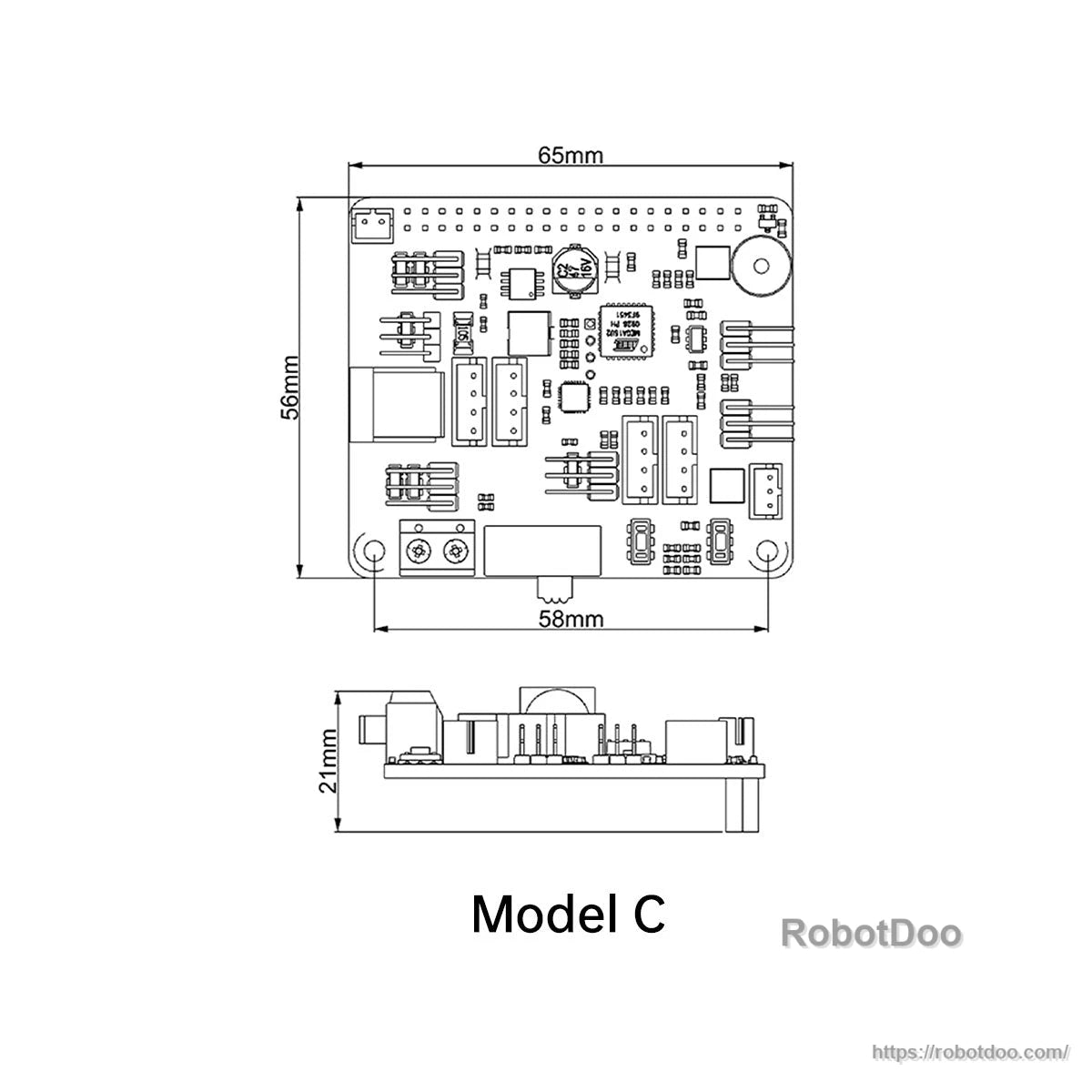 Model C dimension drawing with 65×56 mm footprint, 58 mm width mark, and 21 mm height profile