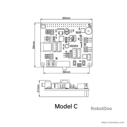 Model C dimension drawing with 65×56 mm footprint, 58 mm width mark, and 21 mm height profile