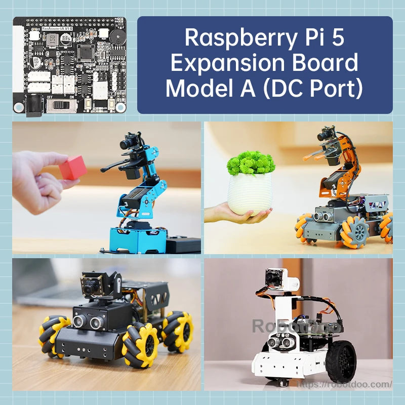 Raspberry Pi 5 expansion board Model A (DC port) application collage with robot car and manipulator arm