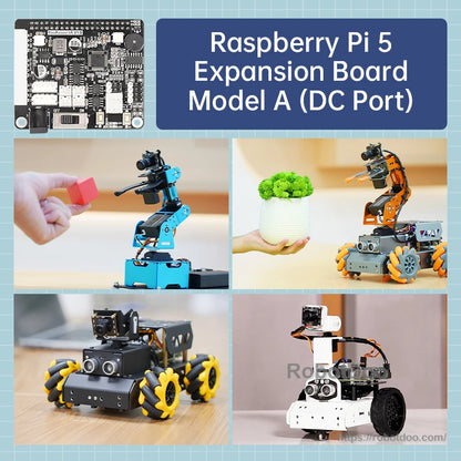 Raspberry Pi 5 expansion board Model A (DC port) application collage with robot car and manipulator arm