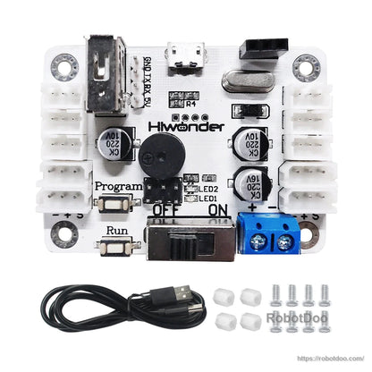 Package contents: servo controller communication tester board with USB cable, mounting screws, and spacers