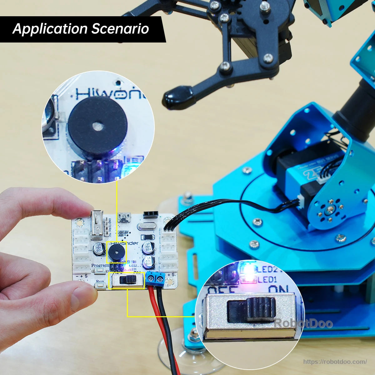 Application scenario photo showing controller board used on a robot arm with close-ups of buzzer and power switch