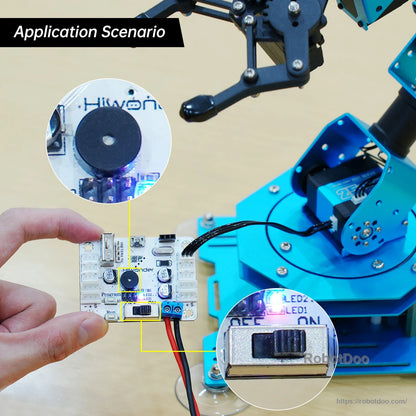 Application scenario photo showing controller board used on a robot arm with close-ups of buzzer and power switch