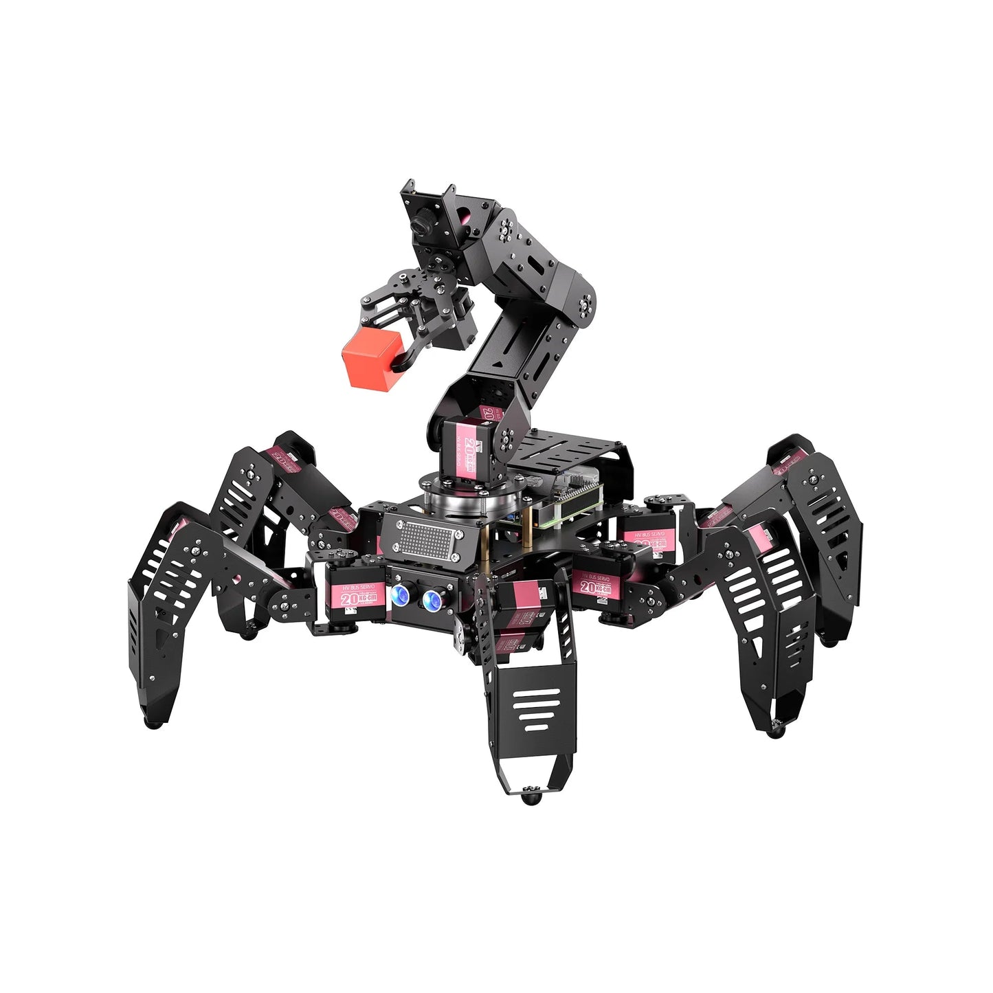 Hiwonder SpiderPi Pro Hexapod Robot with six legs, ultrasonic sensor, and 5DOF vision arm